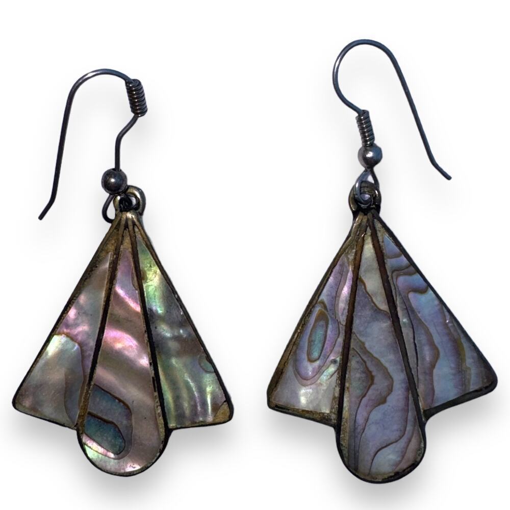 Vintage Alpaca Silver Plated Mexico Abalone Shell Dangle Earrings